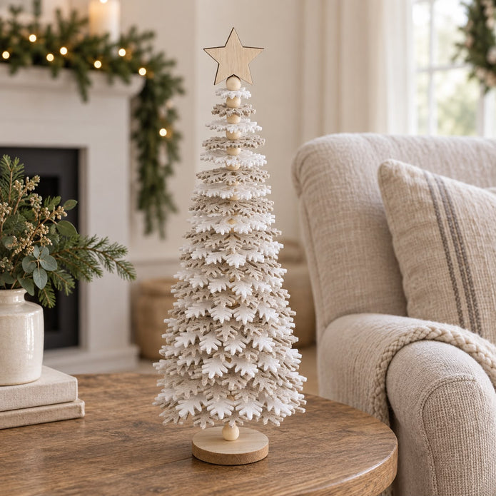 Beige And White Felt Snowflake Tree, layered felt tree on a side table beside an armchair