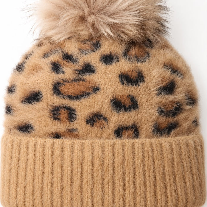 Tan Leopard Print Fluffy Bobble Hat