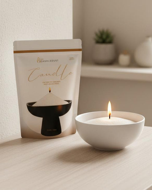 White Scented Candle Sand Kit – Dark Honey, candle-sand pouch beside a lit bowl of white candle sand