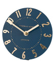 Thomas Kent Mulberry 6-inch mantle clock in midnight blue with white dial and black hands, decorative clock for mantel or shelf.