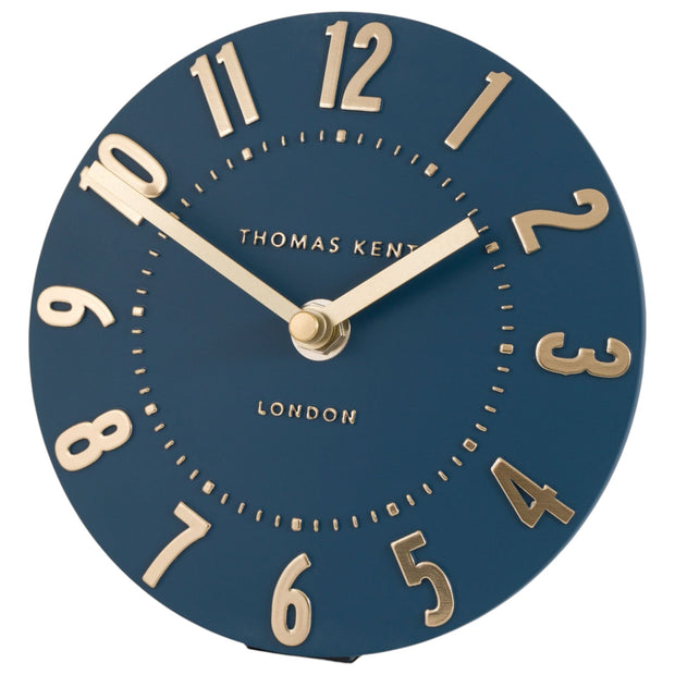 Thomas Kent Mulberry 6-inch mantle clock in midnight blue with white dial and black hands, decorative clock for mantel or shelf.