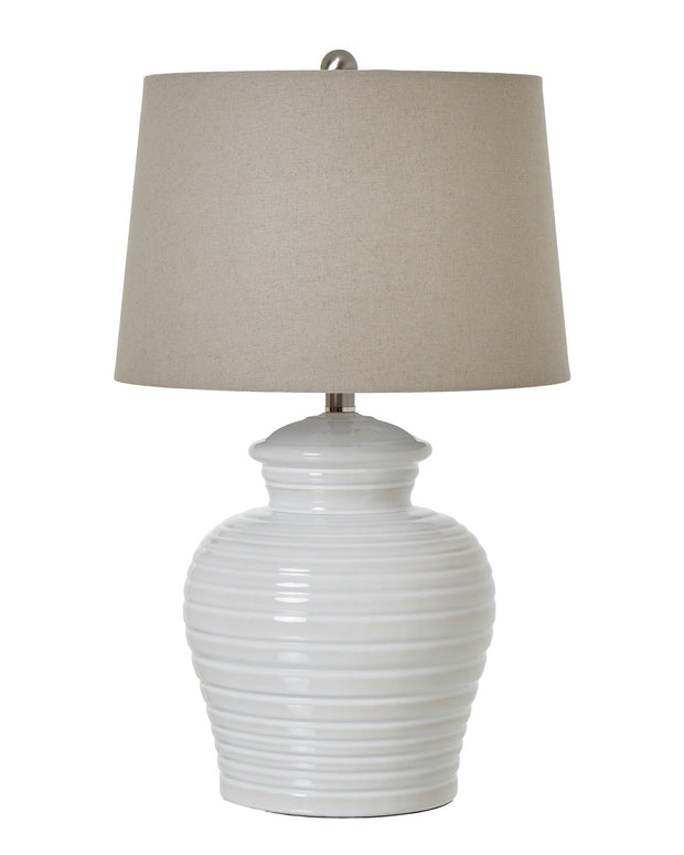 White ceramic ribbed urn-style lamp from Hill Interiors, lighting fixture with a smooth, rounded design and textured surface.