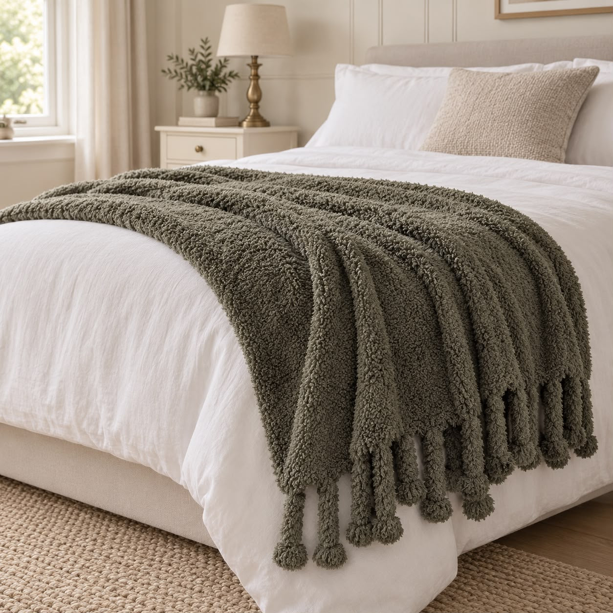 Olive Green Sherpa Tasselled Blanket Throw
