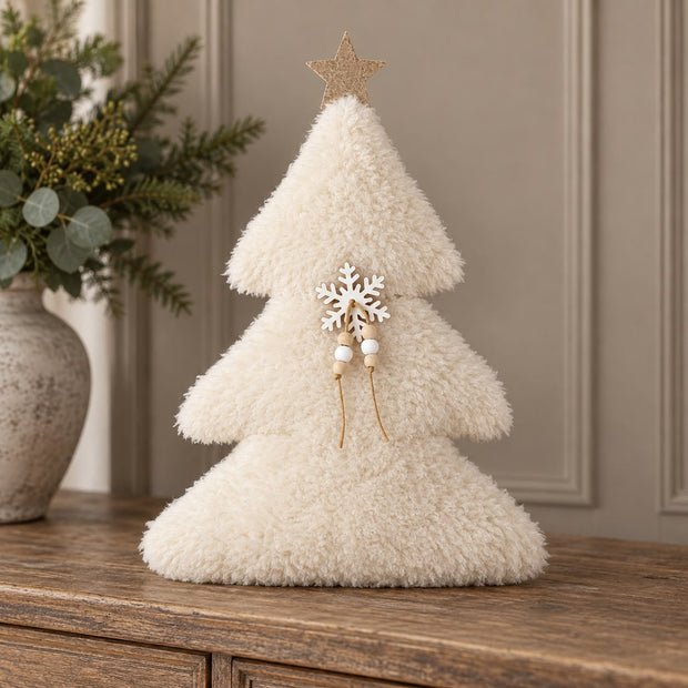 Fluffy Tree With Gold Star, cream fluffy tree on a wooden console