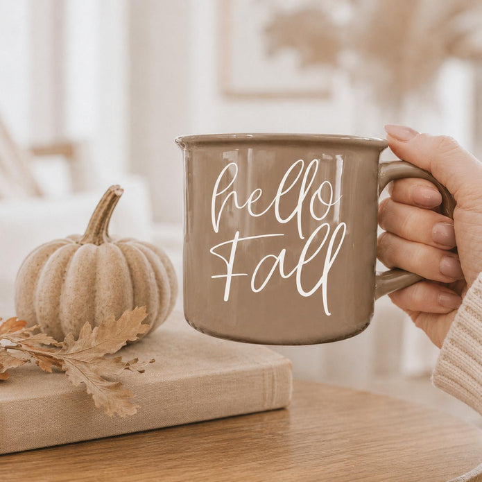 Beige Ceramic Hello Fall Autumn Coffee Mug