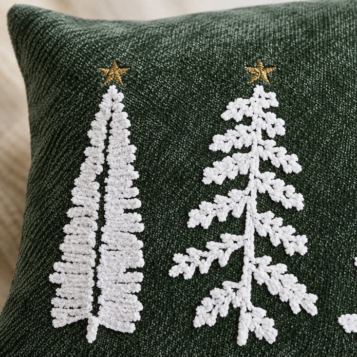 Green Embroidered Fluffy Christmas Tree Cushion Cover