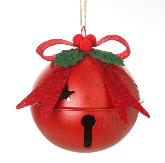 Medium red metal Christmas bell with red bow, felt holly and star cut-out detail