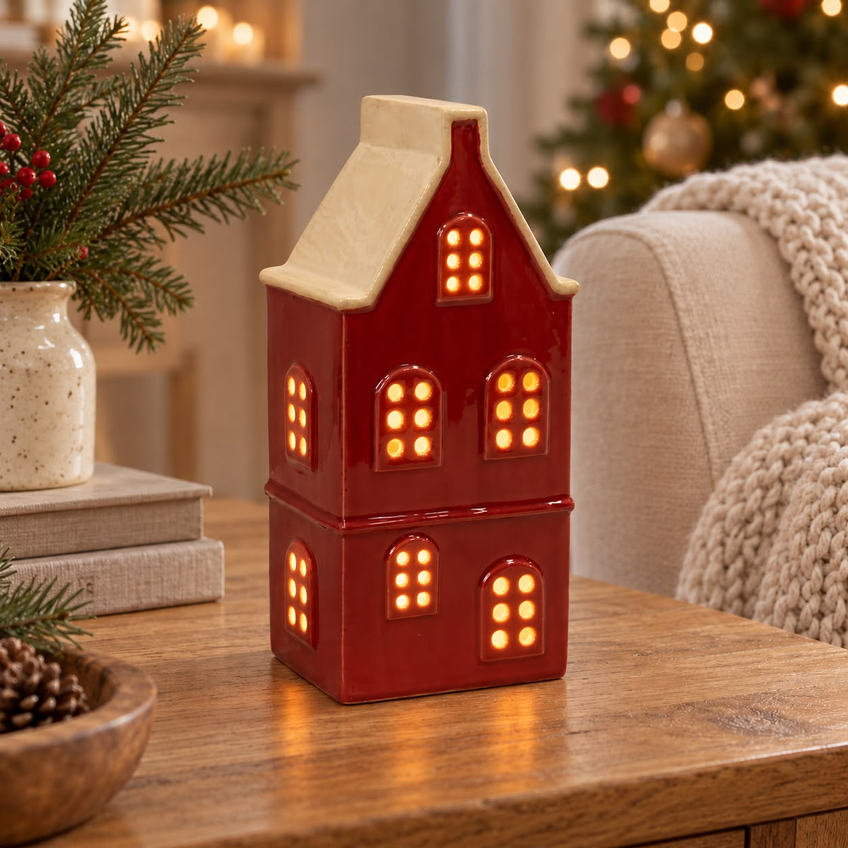 Burgundy Large Ceramic LED Light Up Townhouse
