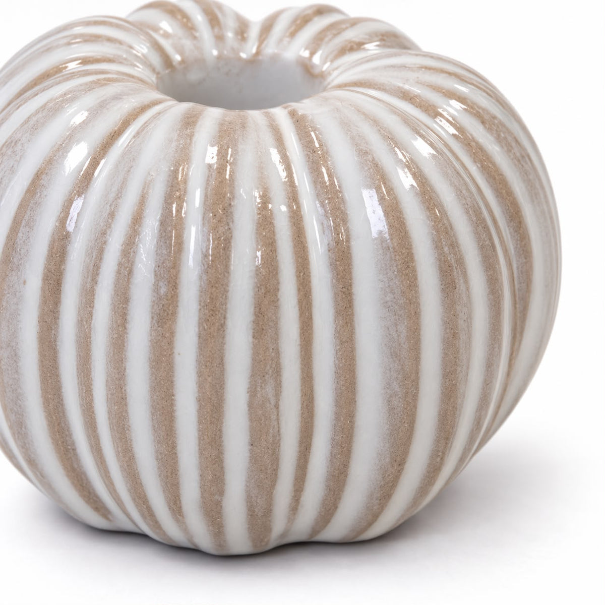 Ceramic Natural Pumpkin Dinner Candle Holder, close-up of the glossy beige and white ribs