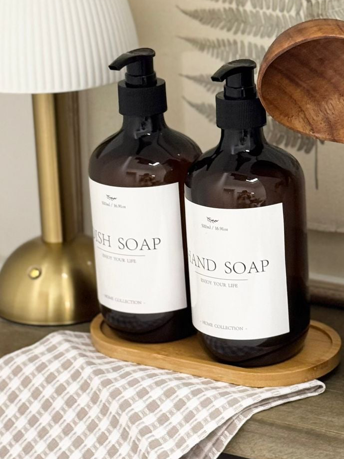Starlight Express acrylic soap dispenser and handwash tray set for home decor, featuring sleek transparent bottles and matching tray.