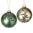 Green and champagne-gold mistletoe baubles with pearl-like berries on white, sold individually