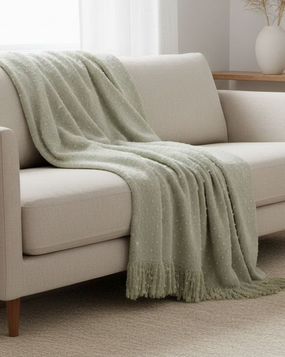 Green dotted faux mohair throw blanket by Malini, soft furnishings with a plush, dotted texture and cozy appearance.