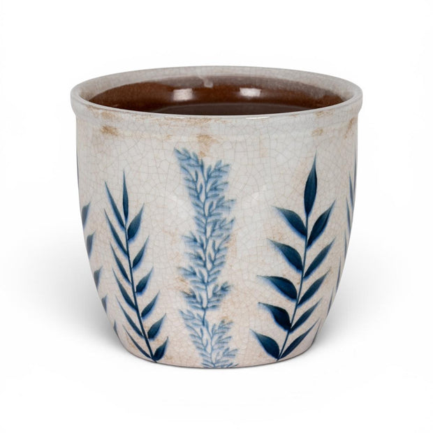 Blue Floral Plant Pot, empty white planter with blue leaf designs against white