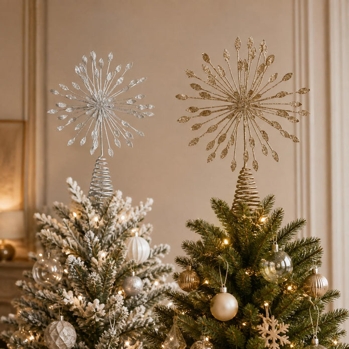 Starburst Metal Christmas Tree Topper, silver and gold starburst toppers on Christmas trees