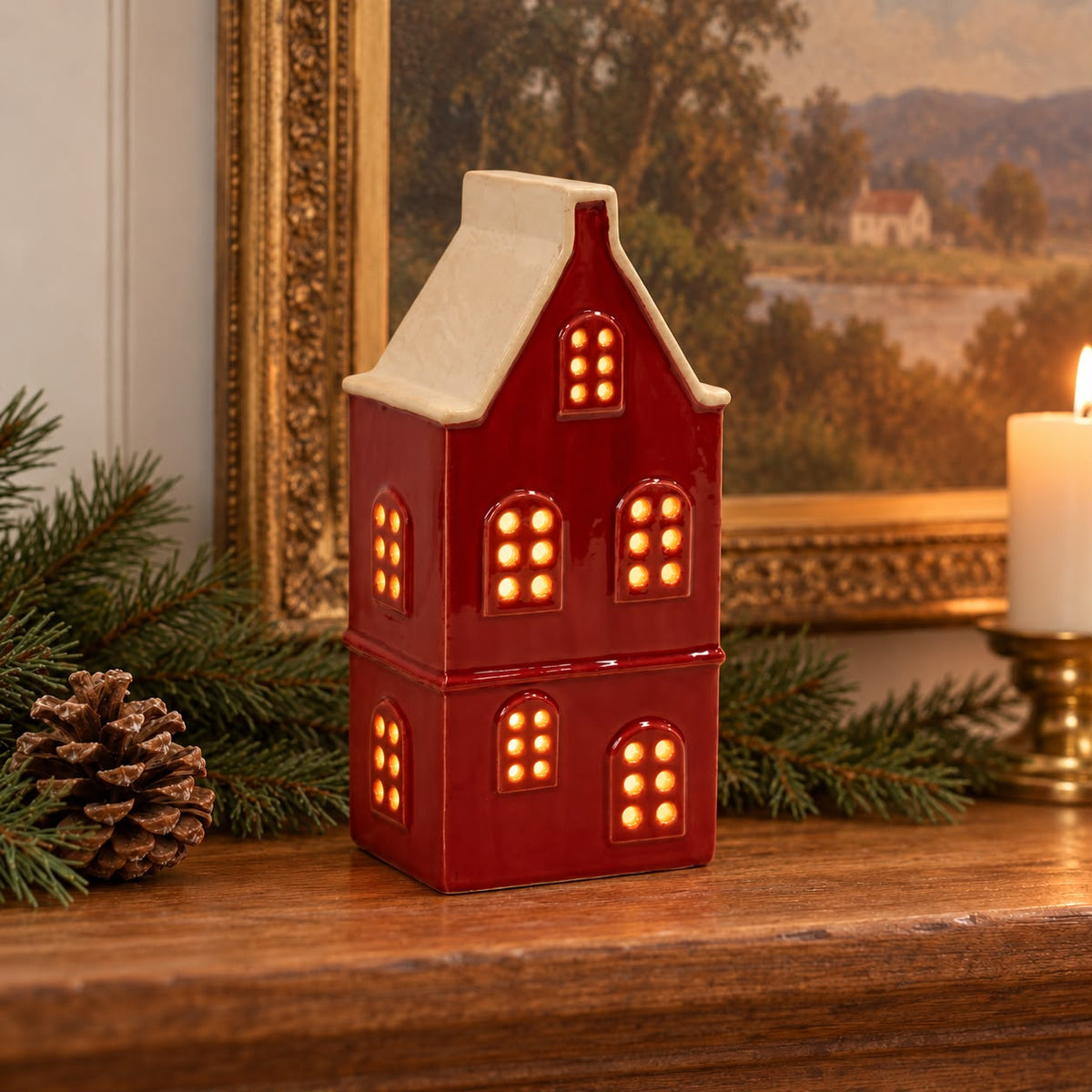 Burgundy Large Ceramic LED Light Up Townhouse