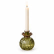 Round glass bud vase in olive green from Terrace & Garden Ltd, showcasing its smooth, curved shape and transparent glass design.