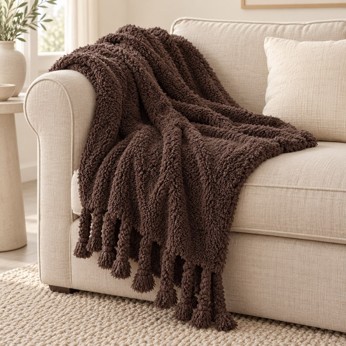 Chocolate Brown Sherpa Tasselled Blanket Throw