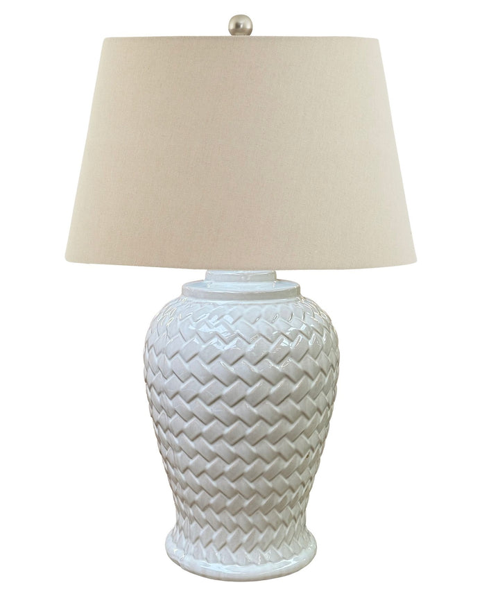 Large white ceramic lamp with woven design, stylish lighting fixture by Hill Interiors, suitable for modern home decor.