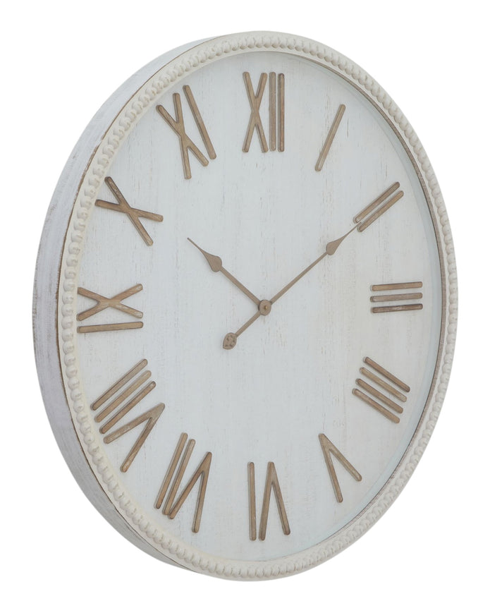 Large rustic white clock with beaded frame, decorative wall clock by Hill Interiors featuring vintage-style design.