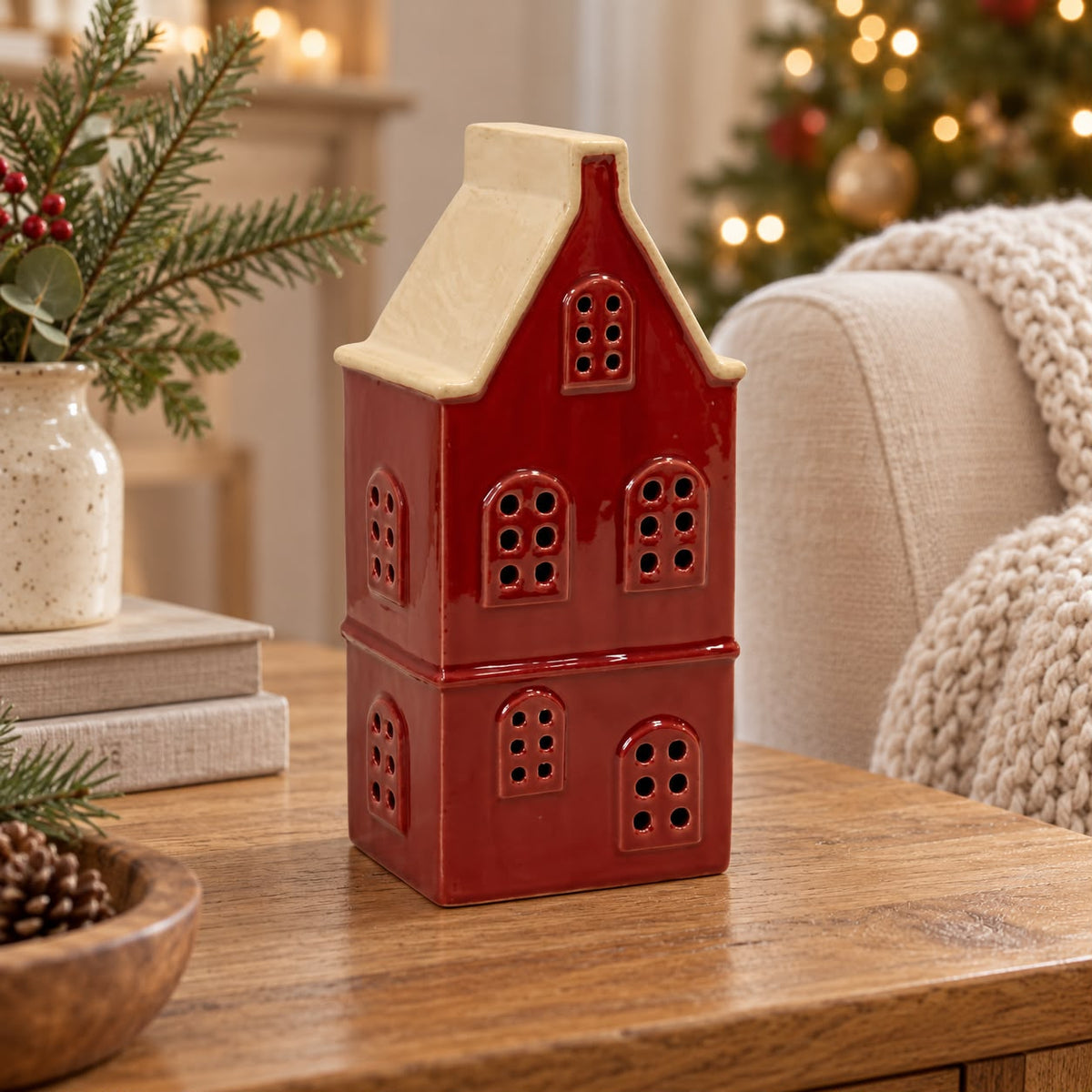 Burgundy Large Ceramic LED Light Up Townhouse
