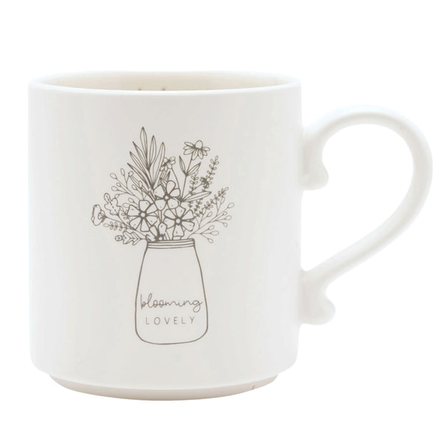 Beige Moments Mug - Blooming Lovely, front view of the cream mug and flower illustration