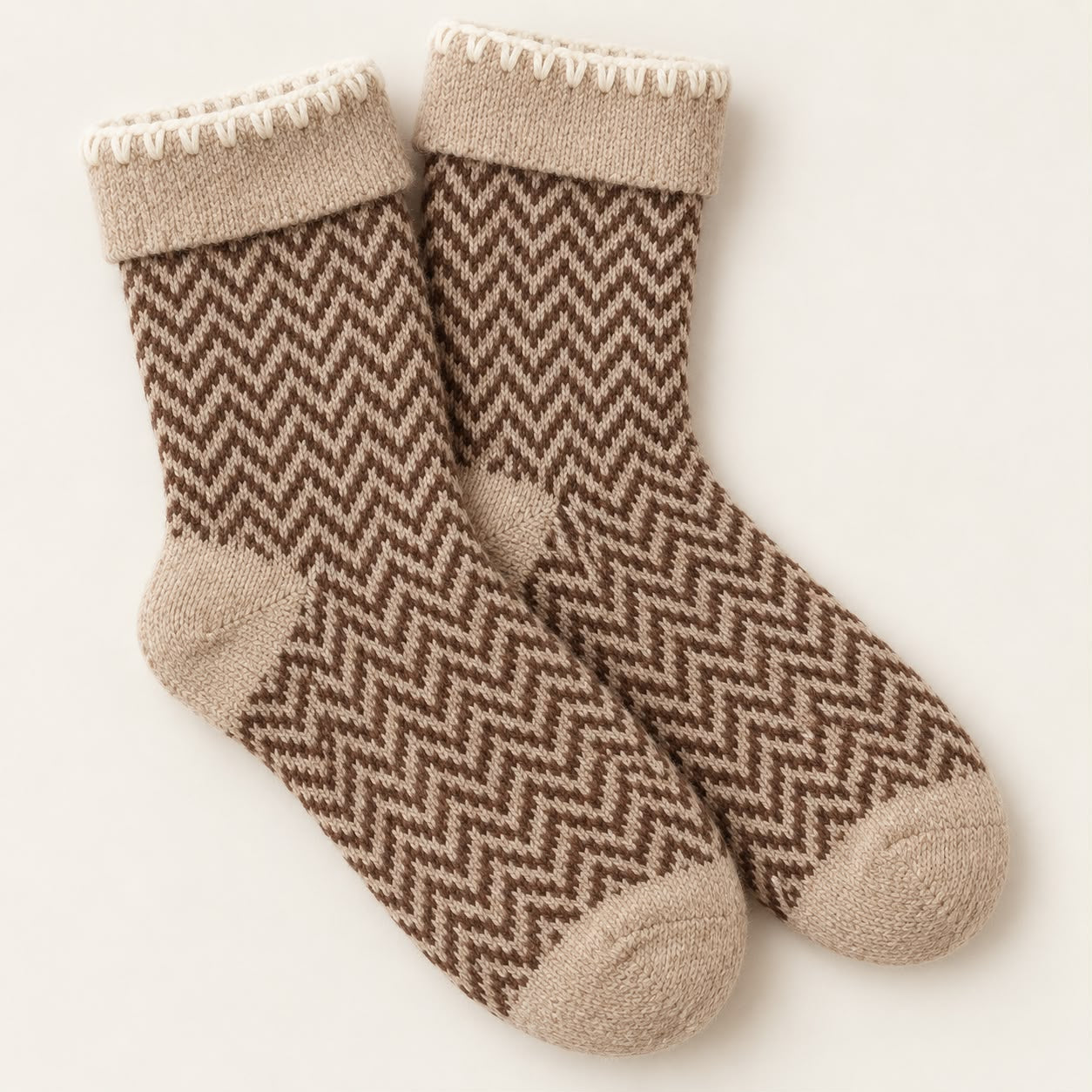 Cosy Cuff Socks - Beige Herringbone