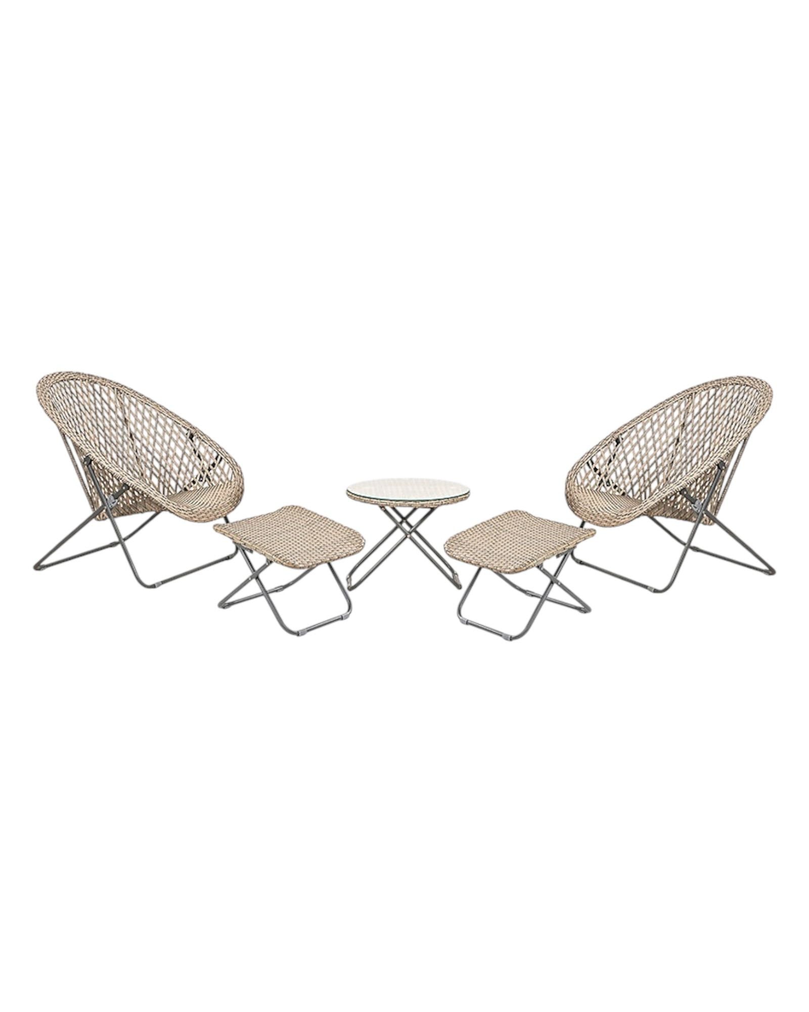 Rattan snug garden furniture set with chair, stool, and table in natural finish by Pacific Lifestyle Ltd, suitable for outdoor use
