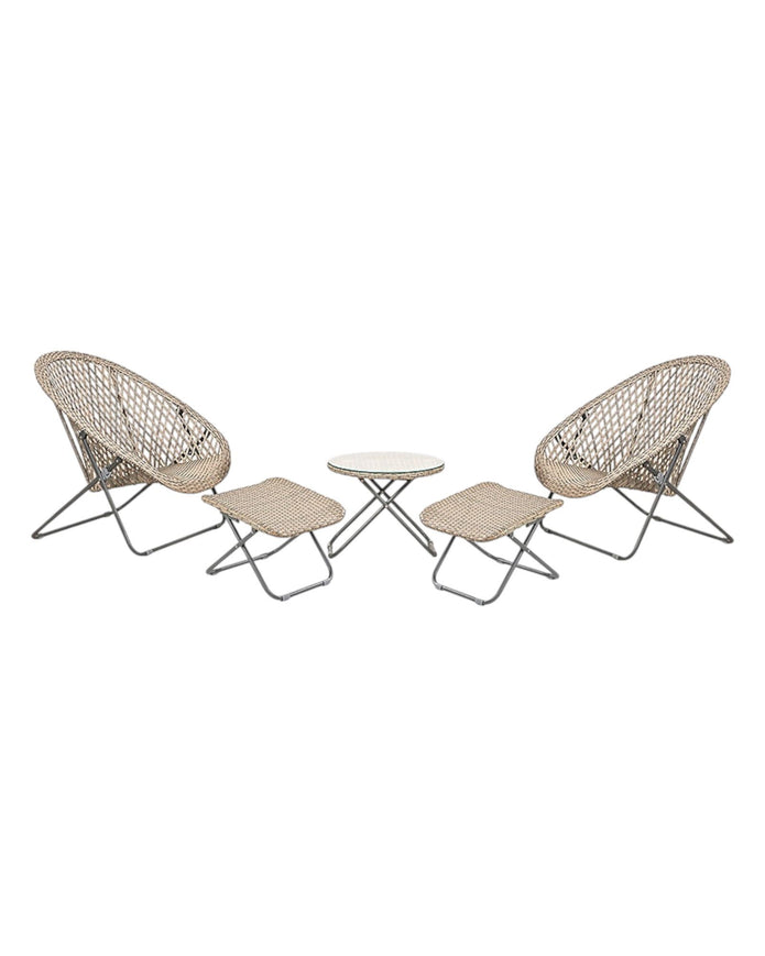 Rattan snug garden furniture set with chair, stool, and table in natural finish by Pacific Lifestyle Ltd, suitable for outdoor use