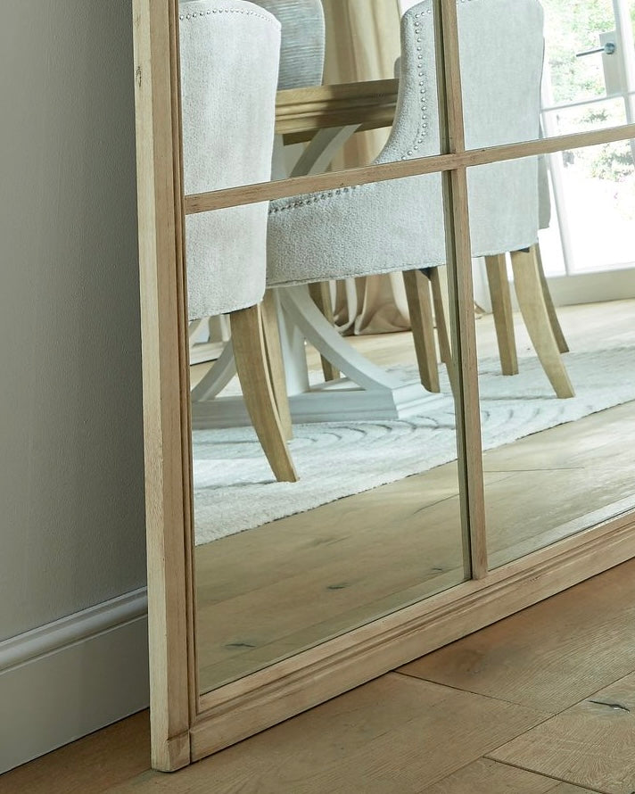 Large washed wood rectangle window-framed mirror by Hill Interiors, showcasing a rustic, vintage-inspired bathroom or living room decor.