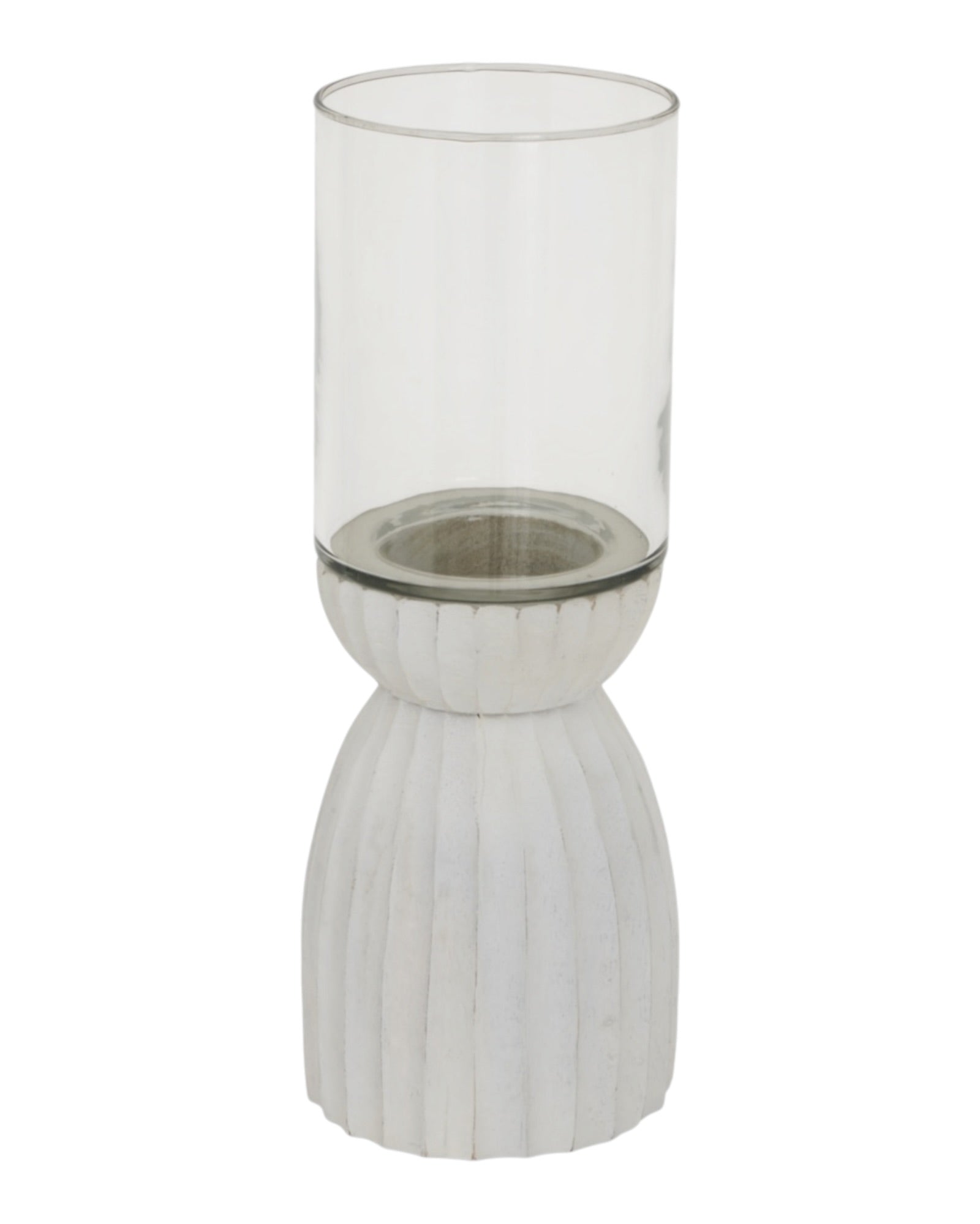 White carved hurricane lantern for home decor by Hill Interiors, featuring intricate cut-out patterns and a glass interior.