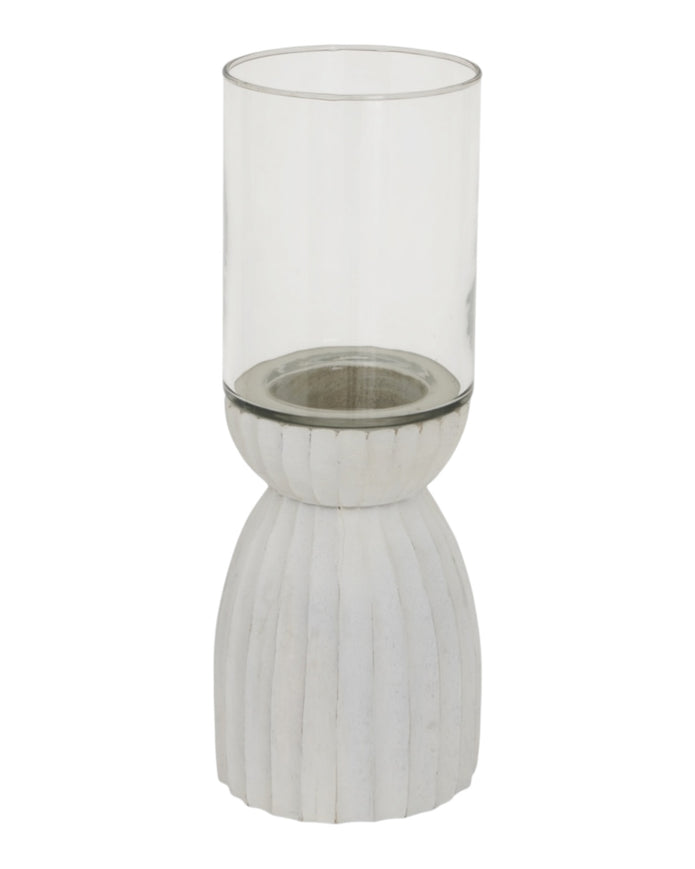 White carved hurricane lantern for home decor by Hill Interiors, featuring intricate cut-out patterns and a glass interior.