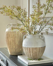 White and beige Thorne amphora rustic vase by Hill Interiors, featuring a classic design with a textured, weathered finish.