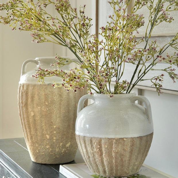 White and beige Thorne amphora rustic vase by Hill Interiors, featuring a classic design with a textured, weathered finish.