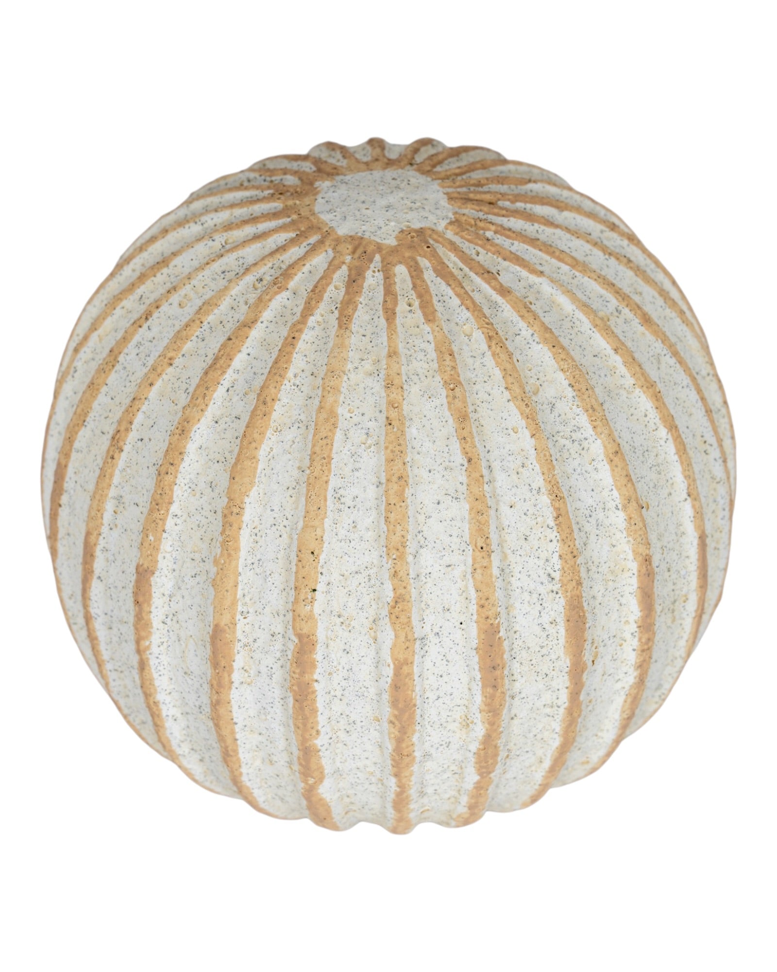 Decorative globe-shaped ball with blue and white stripes, perfect for home décor by Hill Interiors.