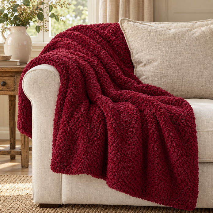 Burgundy Teddy Throw Blanket – Cosy Autumn & Winter Soft Furnishing