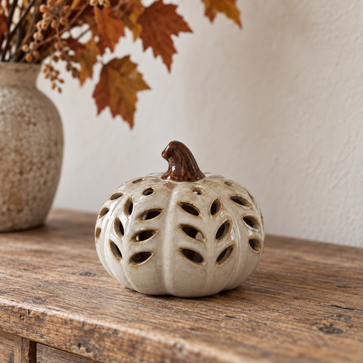 Neutral Ceramic Cut Out Light Up LED Tall Pumpkin – product view 3