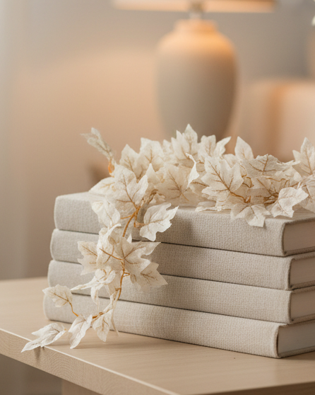 Autumn Beige Leaf Ivy Garland, cream ivy leaves draped over stacked books beside a candle