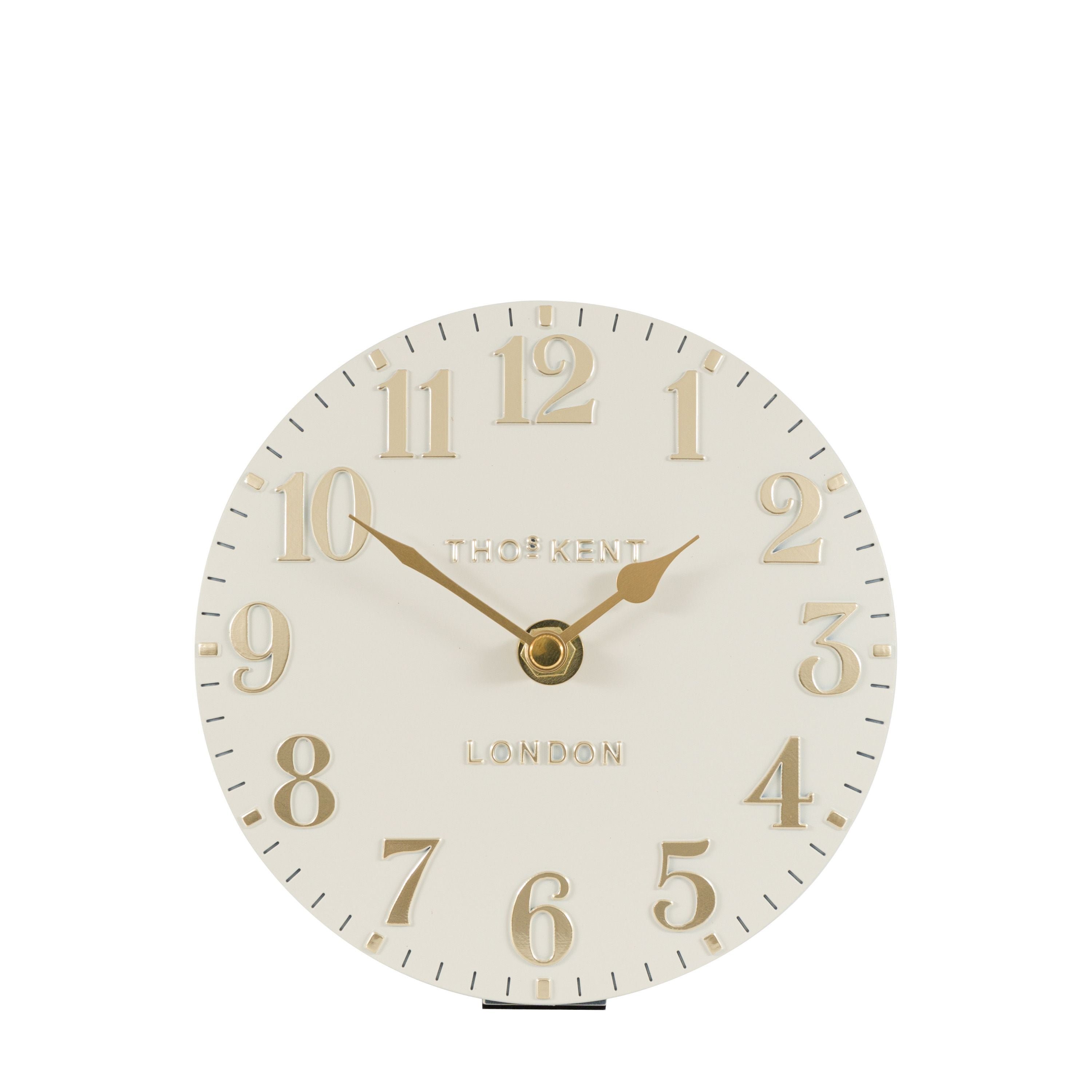 Gallery Direct Thomas Kent 6-inch Arabic Mantle Clock in oatmeal white with black Arabic numerals and classic design.
