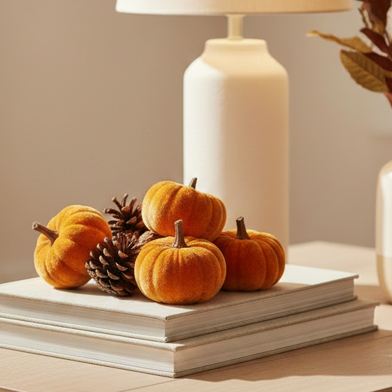 Velvet Pumpkins With Pine Cones Set