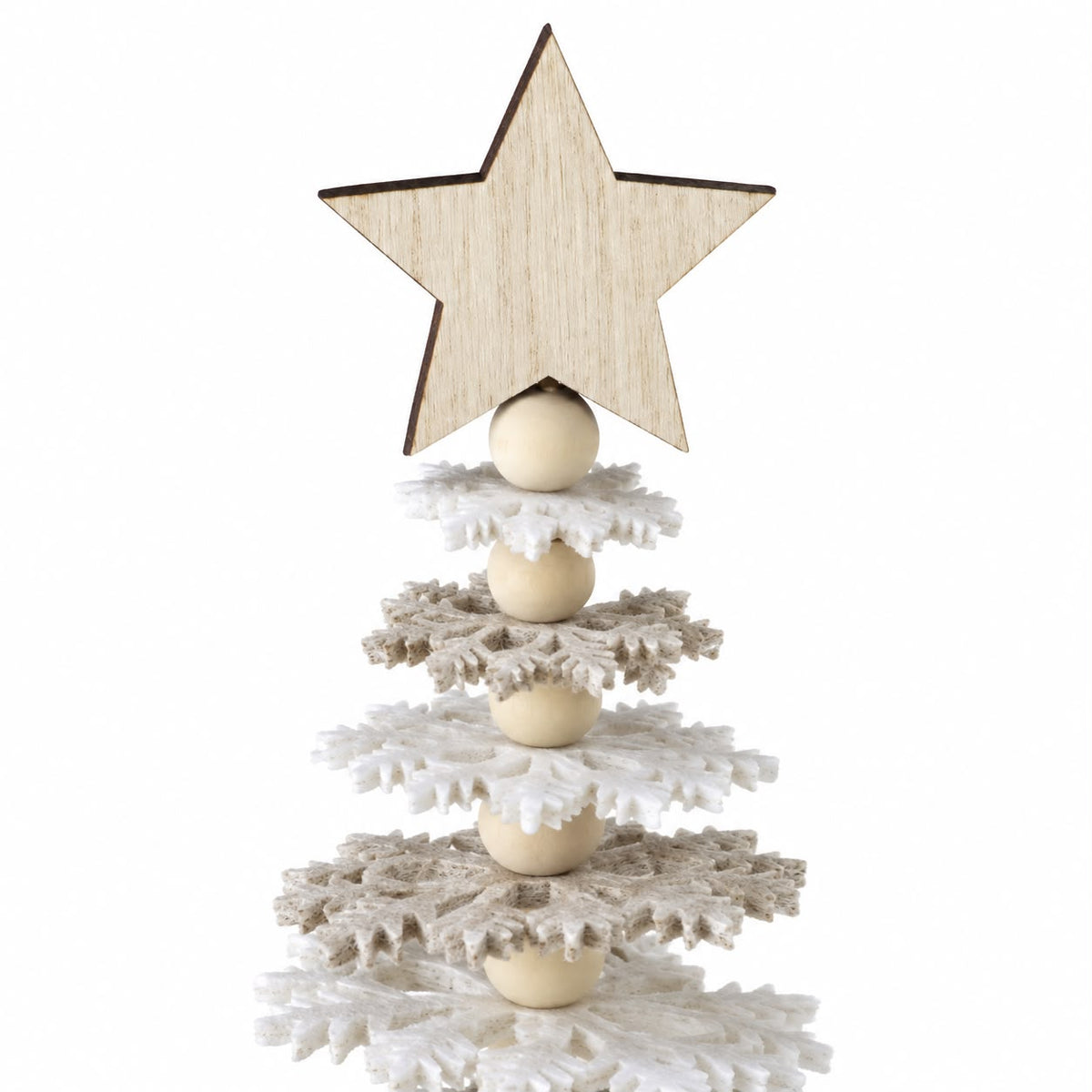Beige And White Felt Snowflake Tree, close-up of the wooden star and felt snowflake layers