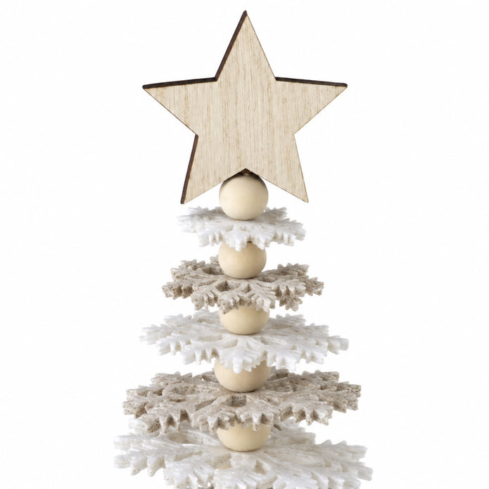 Beige And White Felt Snowflake Tree, close-up of the wooden star and felt snowflake layers