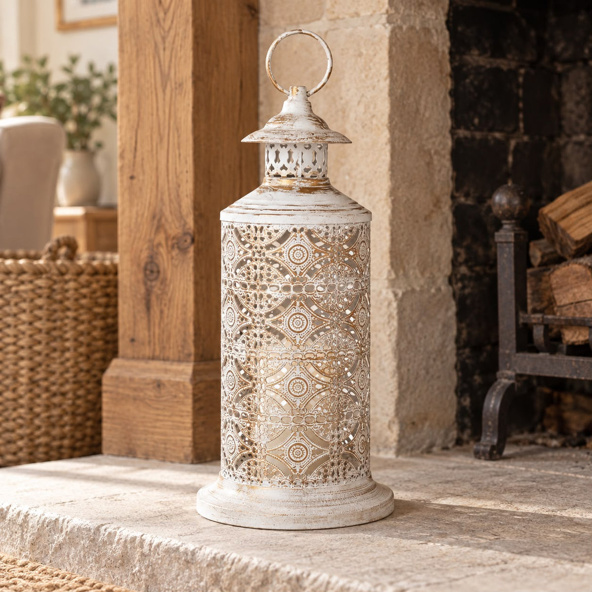 Tall white metal cut out lantern, decorative gift from Heaven Sends with intricate openwork design for stylish lighting.