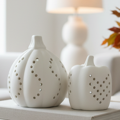 White Ceramic Light Up LED Pumpkins – Elegant Illuminated Autumn Decoration - Set of Two