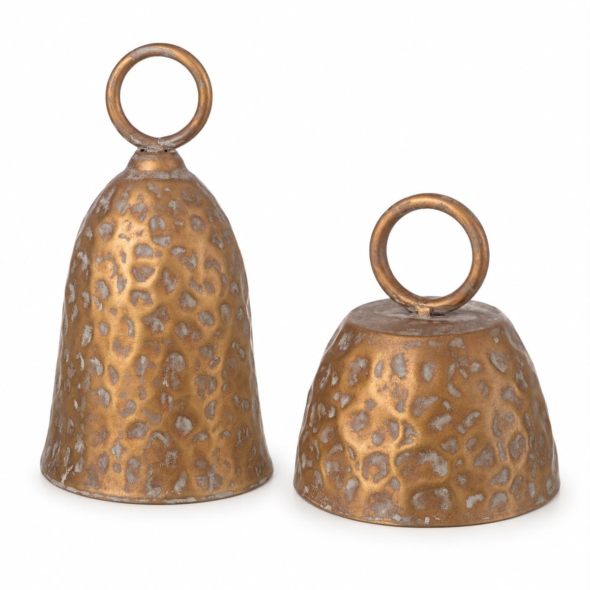 Brass Metal Cloche Cow Bell, two sizes of brass cloche bell with ring handles on white