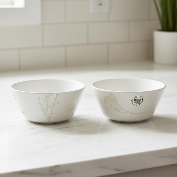 White Ceramic Floral Bowl, two white bowls with delicate floral decoration on a kitchen counter