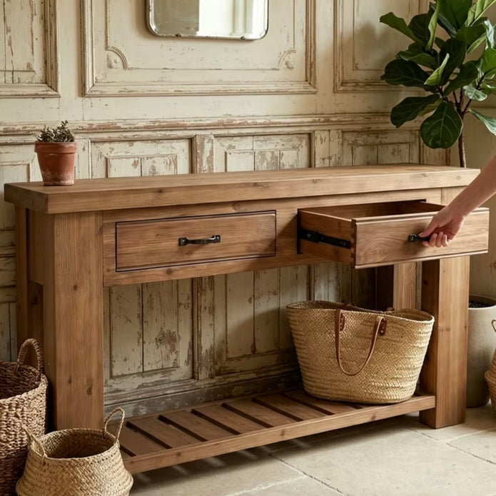 Rustic Natural Large Wood Two Drawers Console Table