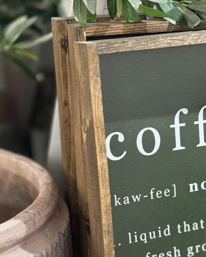 Large olive green framed coffee sign by Williamraedesigns, stylish home decor piece with bold lettering and modern design.