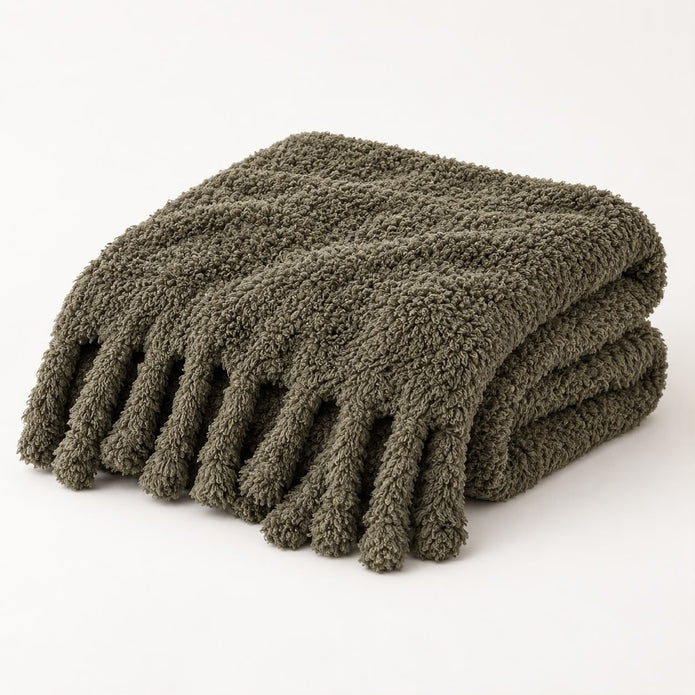 Olive Green Sherpa Tasselled Blanket Throw