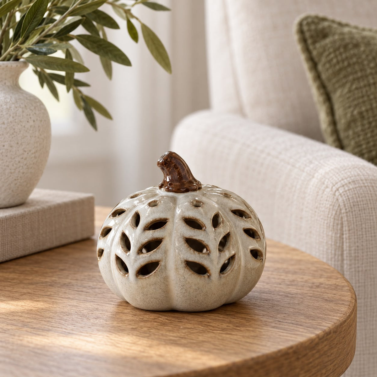 Neutral Ceramic Cut Out Light Up LED Tall Pumpkin – product view 4