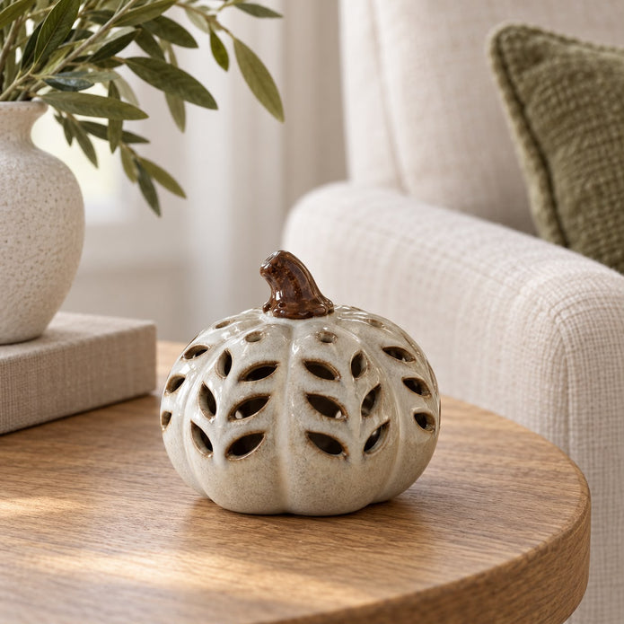Neutral Ceramic Cut Out Light Up LED Tall Pumpkin – product view 4